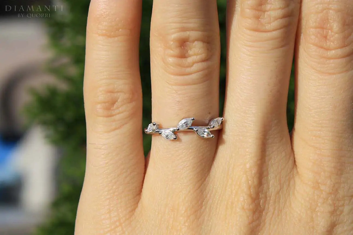 designer 18k white gold leaf design marquise lab diamond wedding and anniversary band Quorri Canada