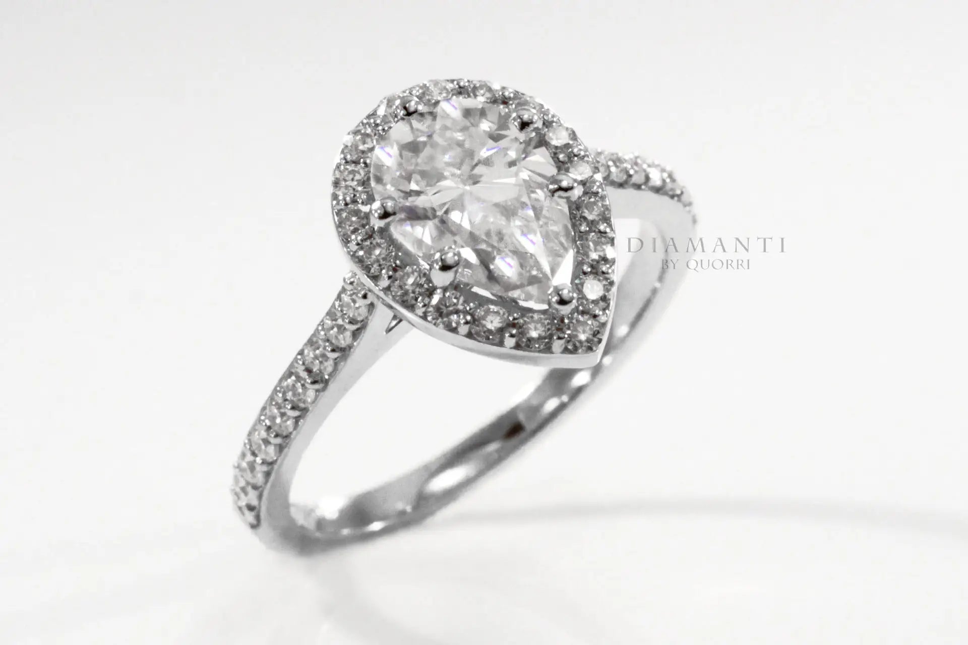 designer white gold accented 3 carat pear halo lab created diamond engagement ring Quorri