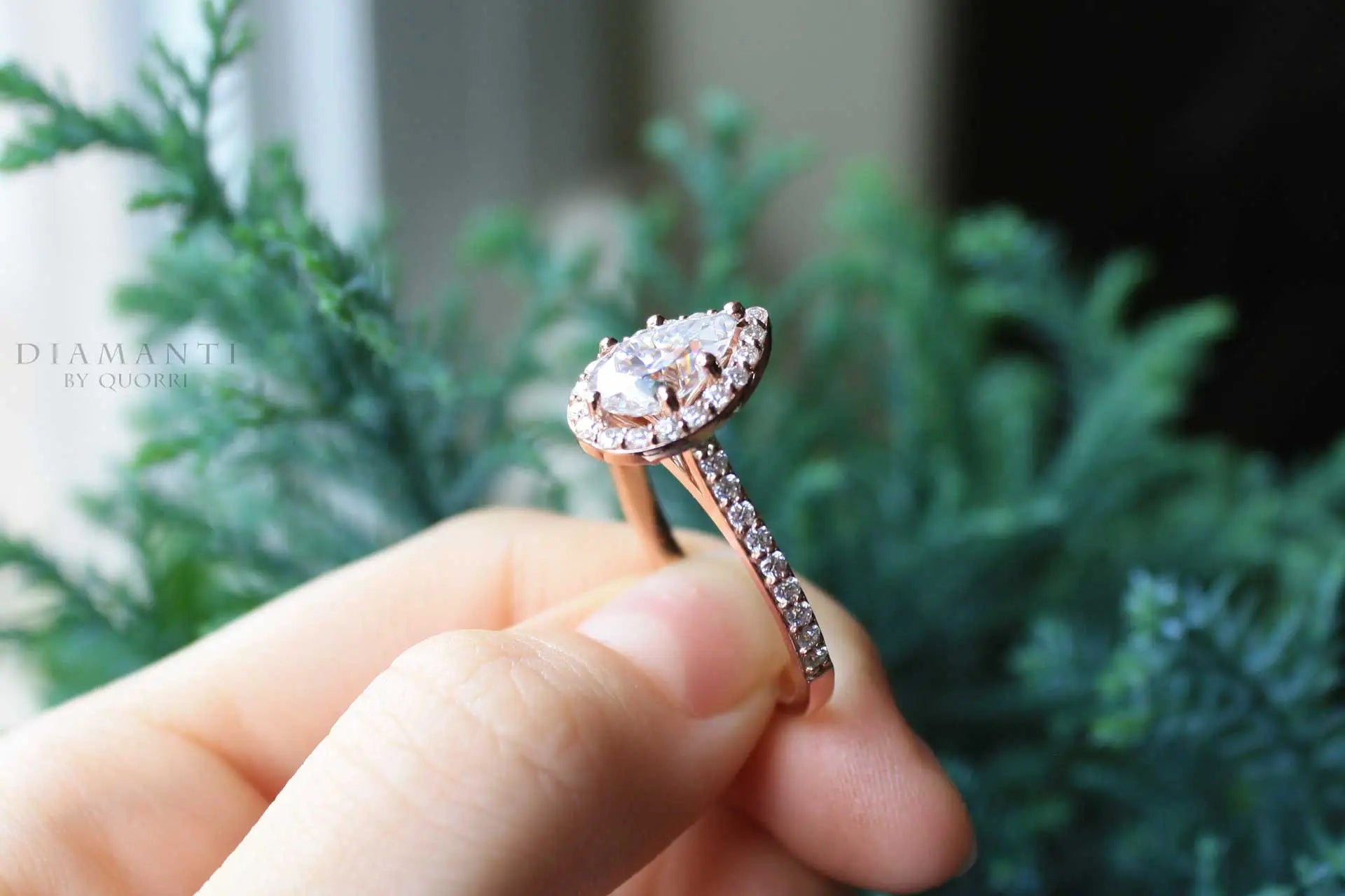 affordable rose gold accented 1.5 carat pear halo lab diamond engagement ring Quorri Canada