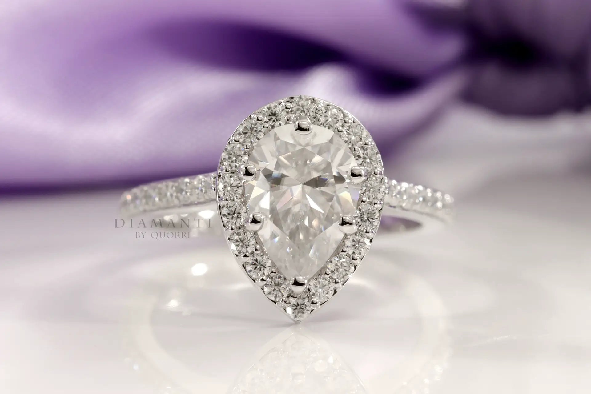 affordable 18k white gold accented 2.5 carat  pear halo lab diamond engagement ring Quorri