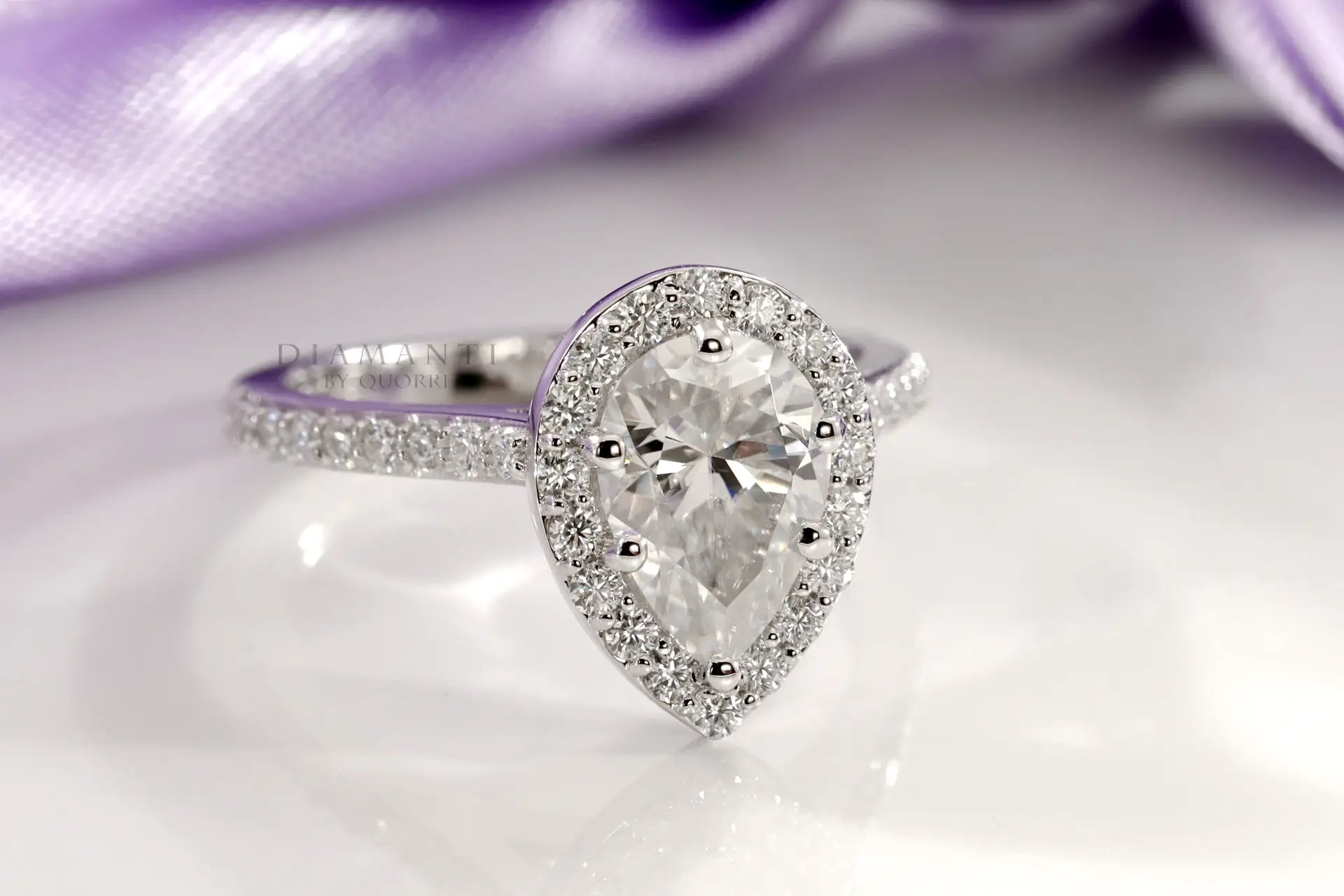platinum designer accented pear halo lab diamond engagement ring Quorri