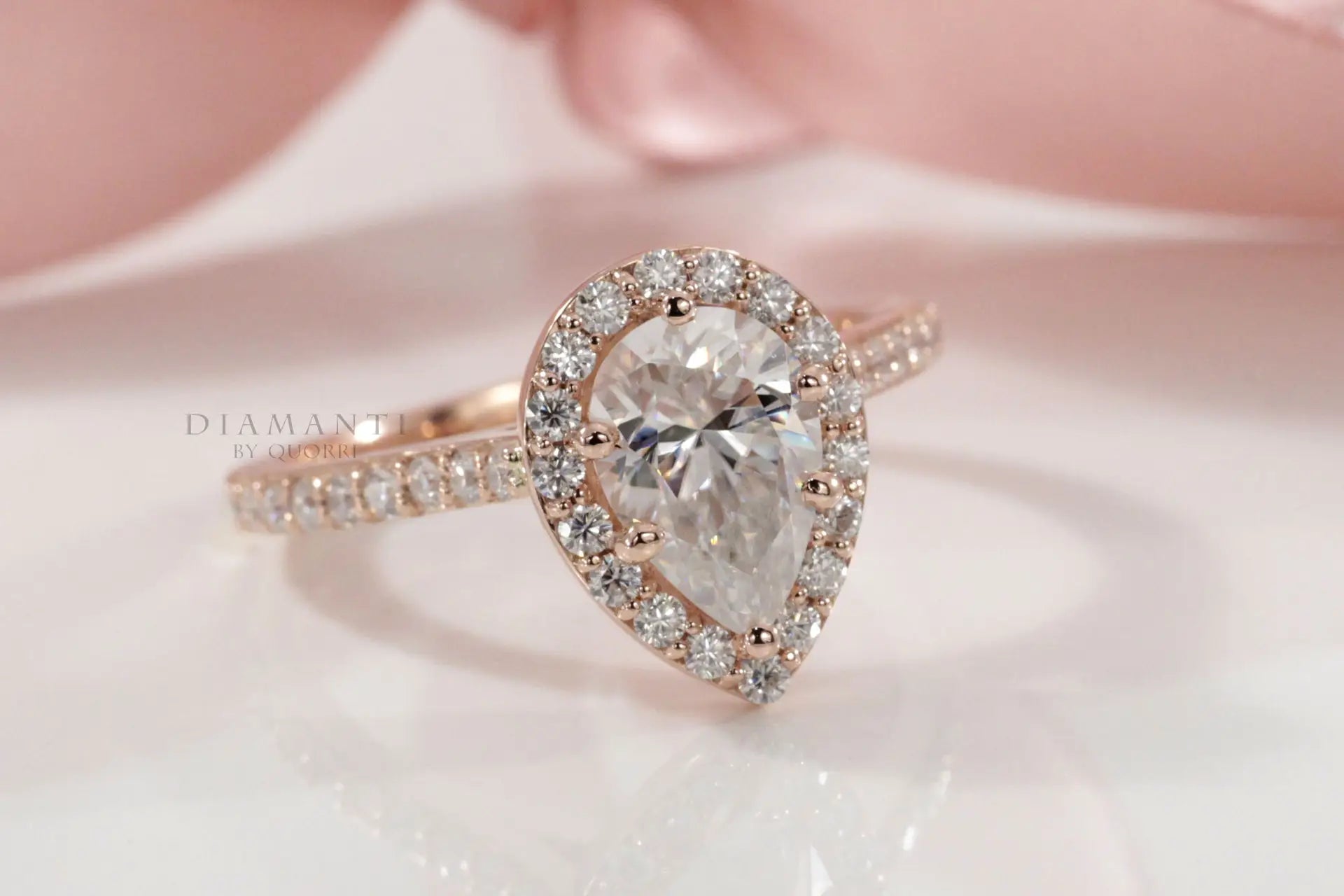 affordable rose gold accented 2 carat pear halo lab diamond engagement ring Quorri