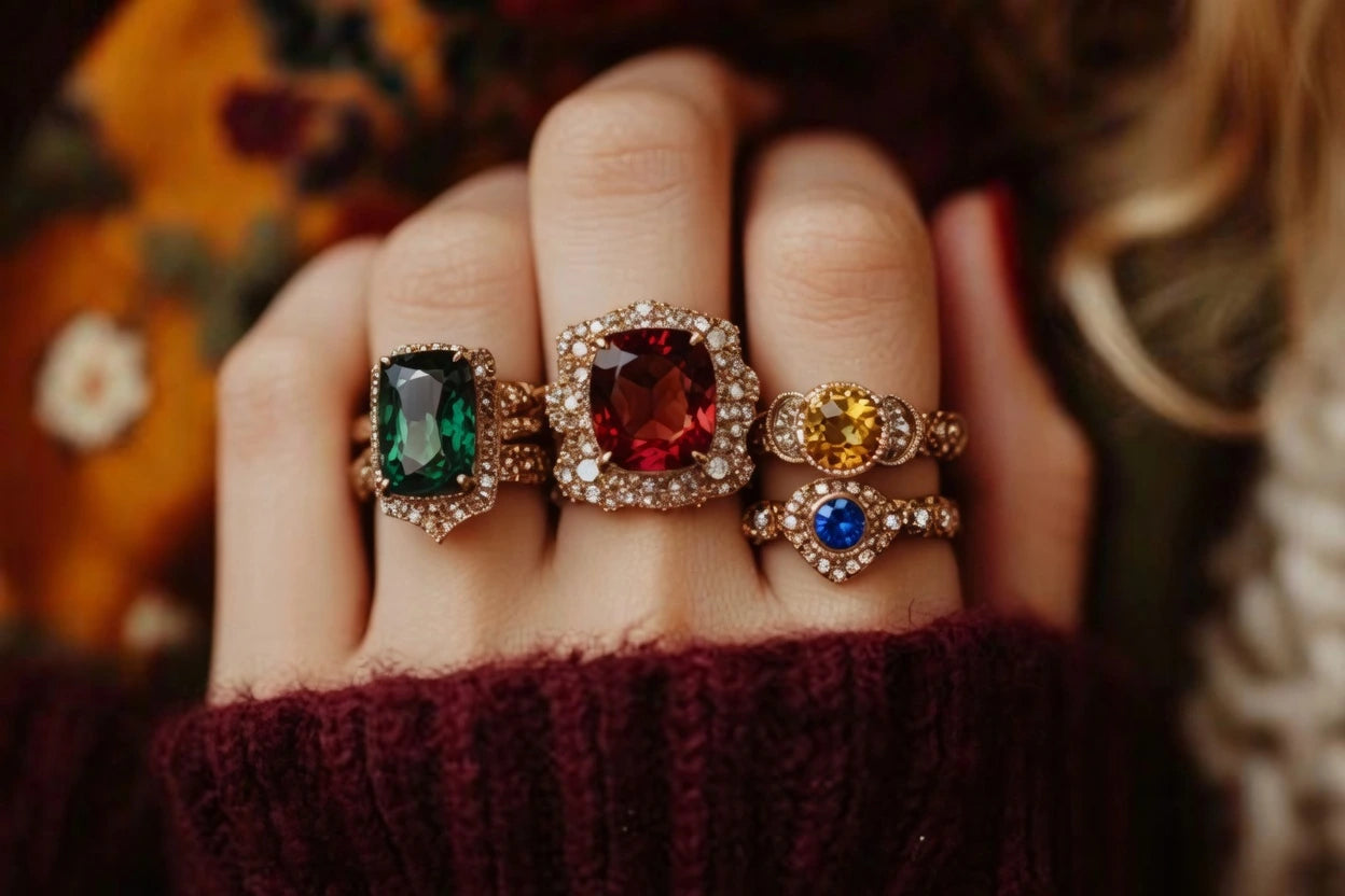designer jewelry made with lab grown ruby green emeralds and sapphires exclusively at Quorri