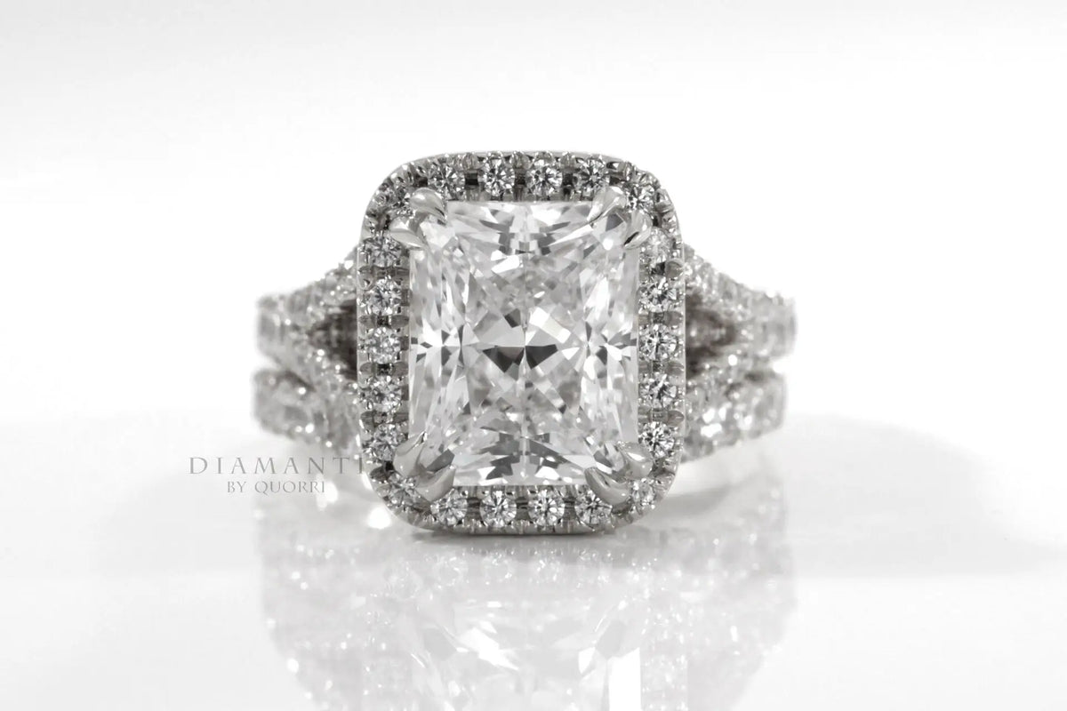 4 carat dual claw Radiant halo white gold affordable round accented lab diamond wedding ring set Quorri
