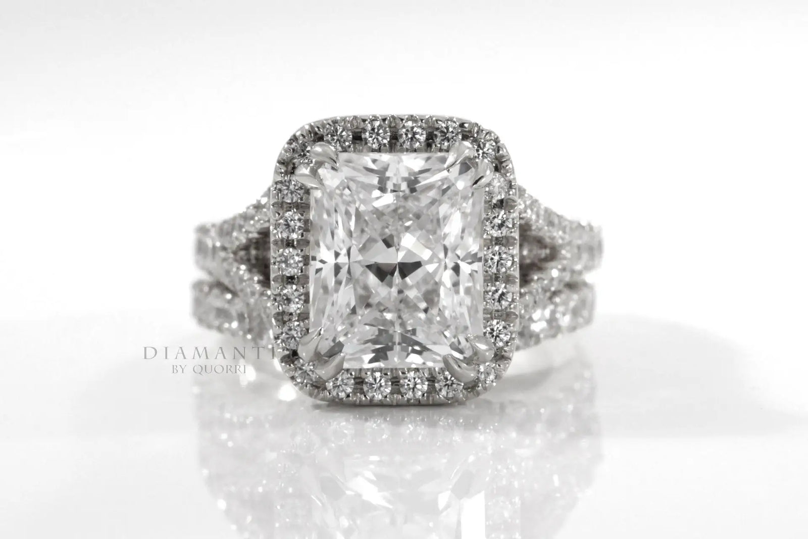 4 carat dual claw Radiant halo white gold affordable round accented lab diamond wedding ring set Quorri