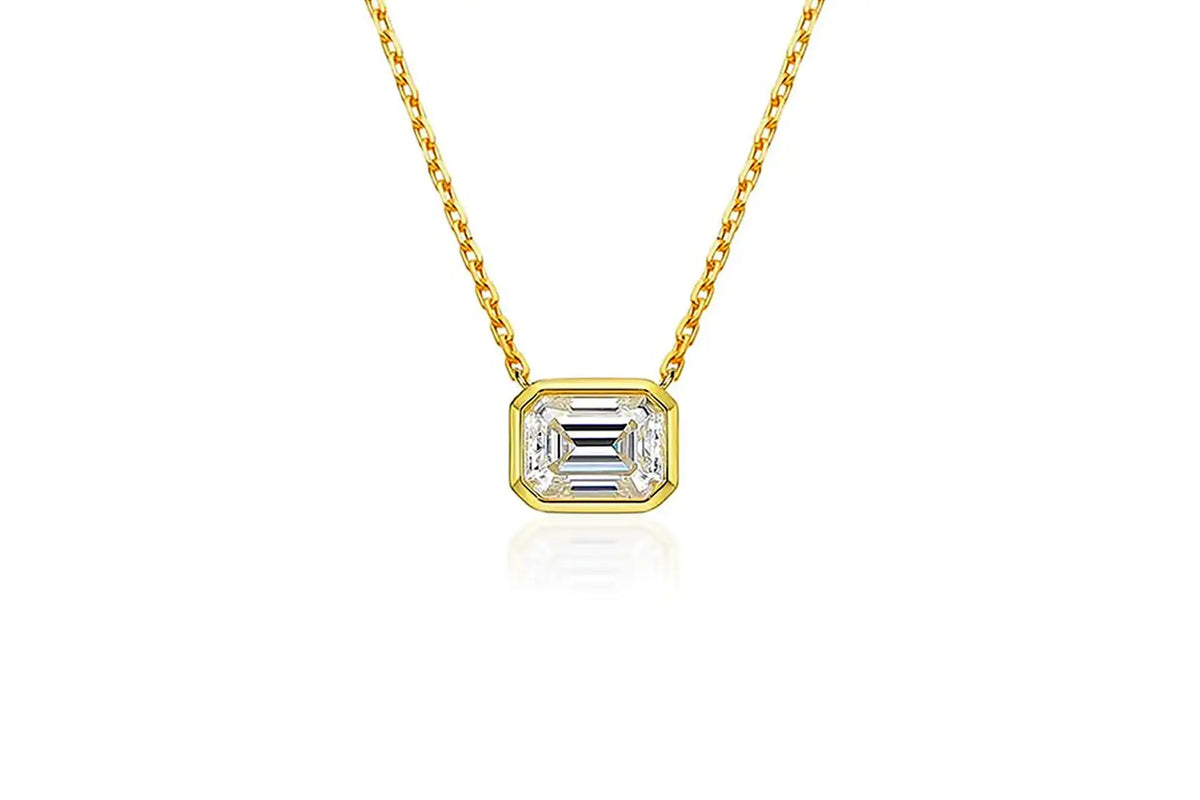 affordable designer yellow gold bezel set  1.50 carat lab grown diamond emerald pendant and gold chain Quorri Canada
