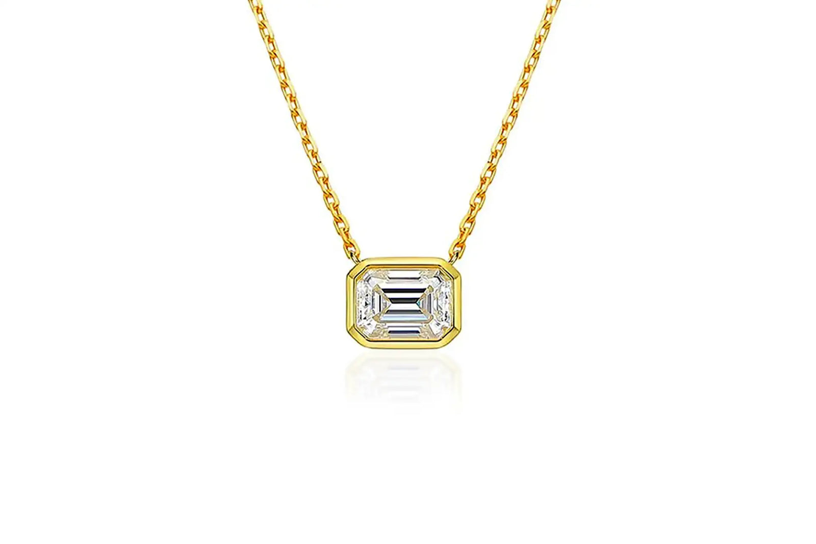 designer white gold bezel set  1.50 carat lab diamond emerald pendant and gold chain Quorri Canada
