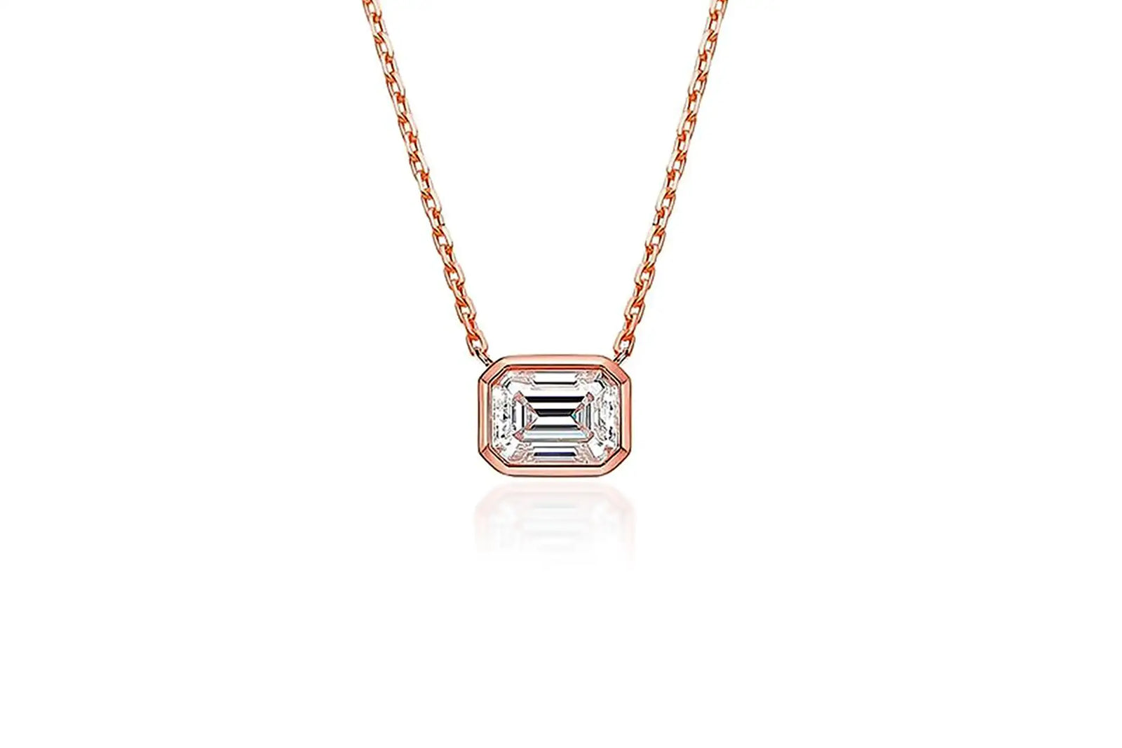designer affordable rose gold bezel set  1.50 carat lab created diamond emerald pendant and gold chain Quorri Canada