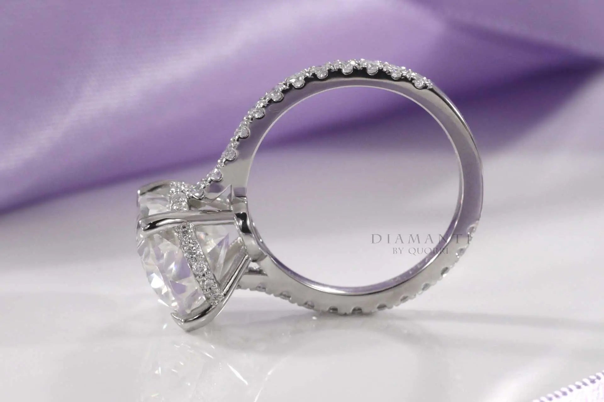 platinum designer hidden halo 4 claw prong 4 carat oval lab diamond engagement ring Quorri Canada