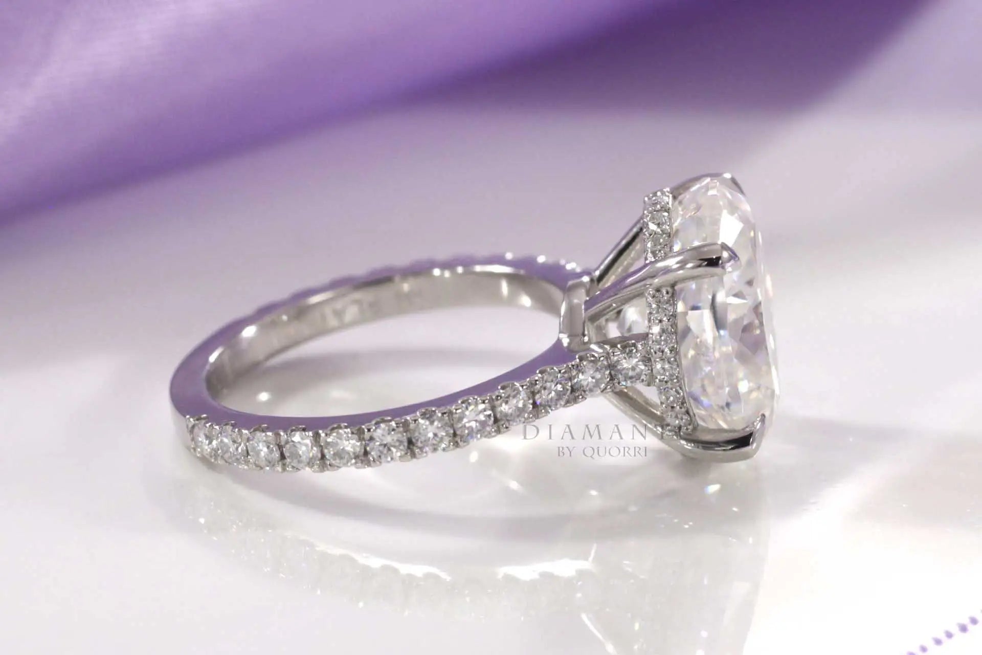 designer accented hidden halo four claw prong 3.5 carat oval lab diamond engagement ring Quorri Canada