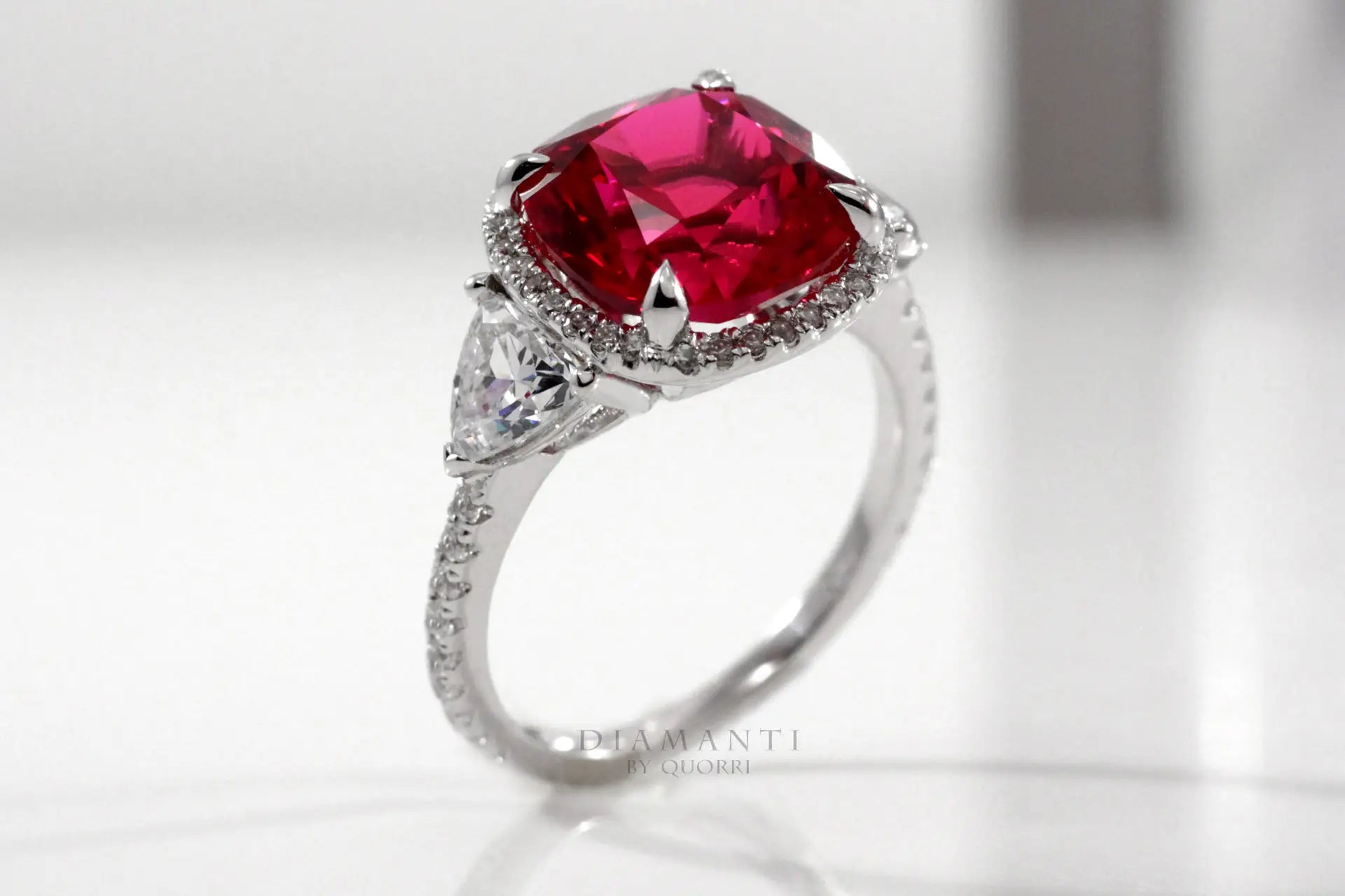 claw prong halo three stone red ruby lab diamond engagement ring Quorri