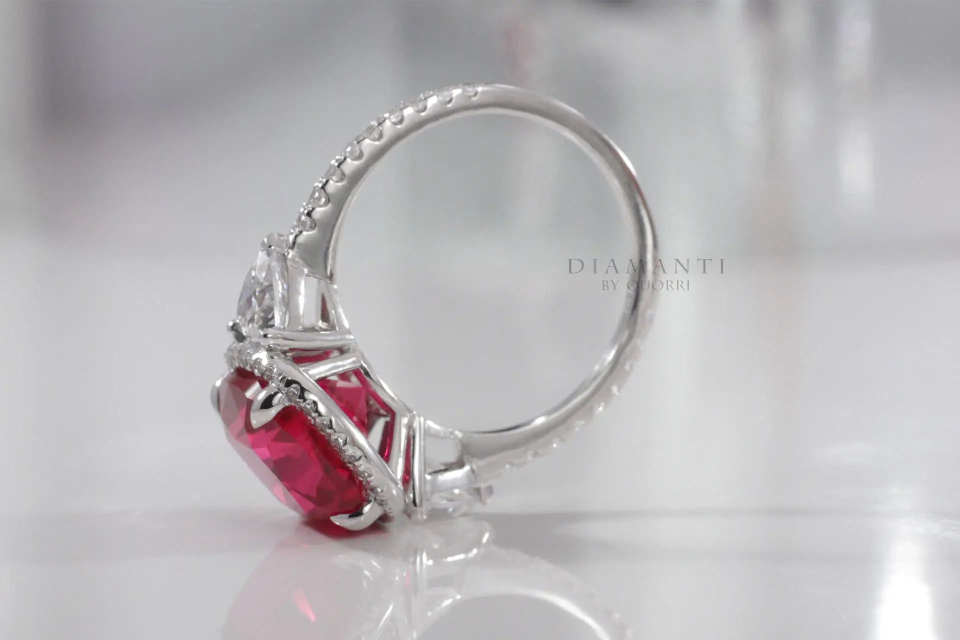 3ct 18k white gold claw prong halo three stone red ruby lab diamond engagement ring Quorri