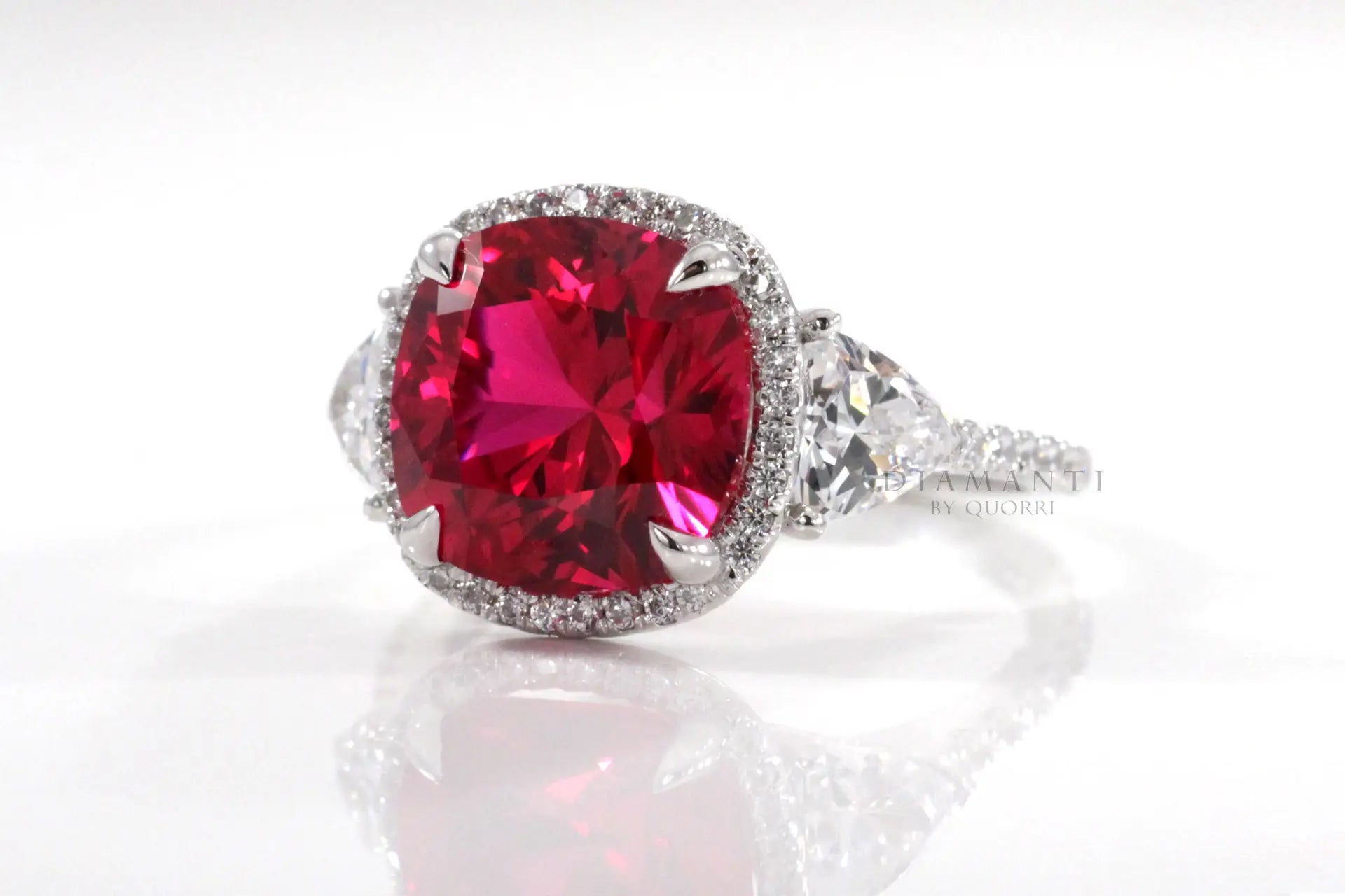 4 carat platinum claw prong halo three stone red ruby lab diamond engagement ring Quorri