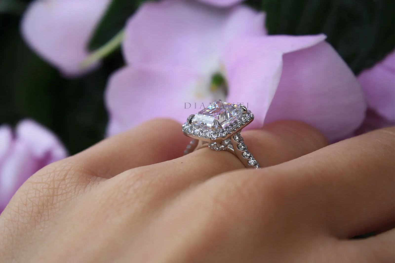 affordable 3 carat dual claw emerald halo lab grown diamond engagement ring Quorri