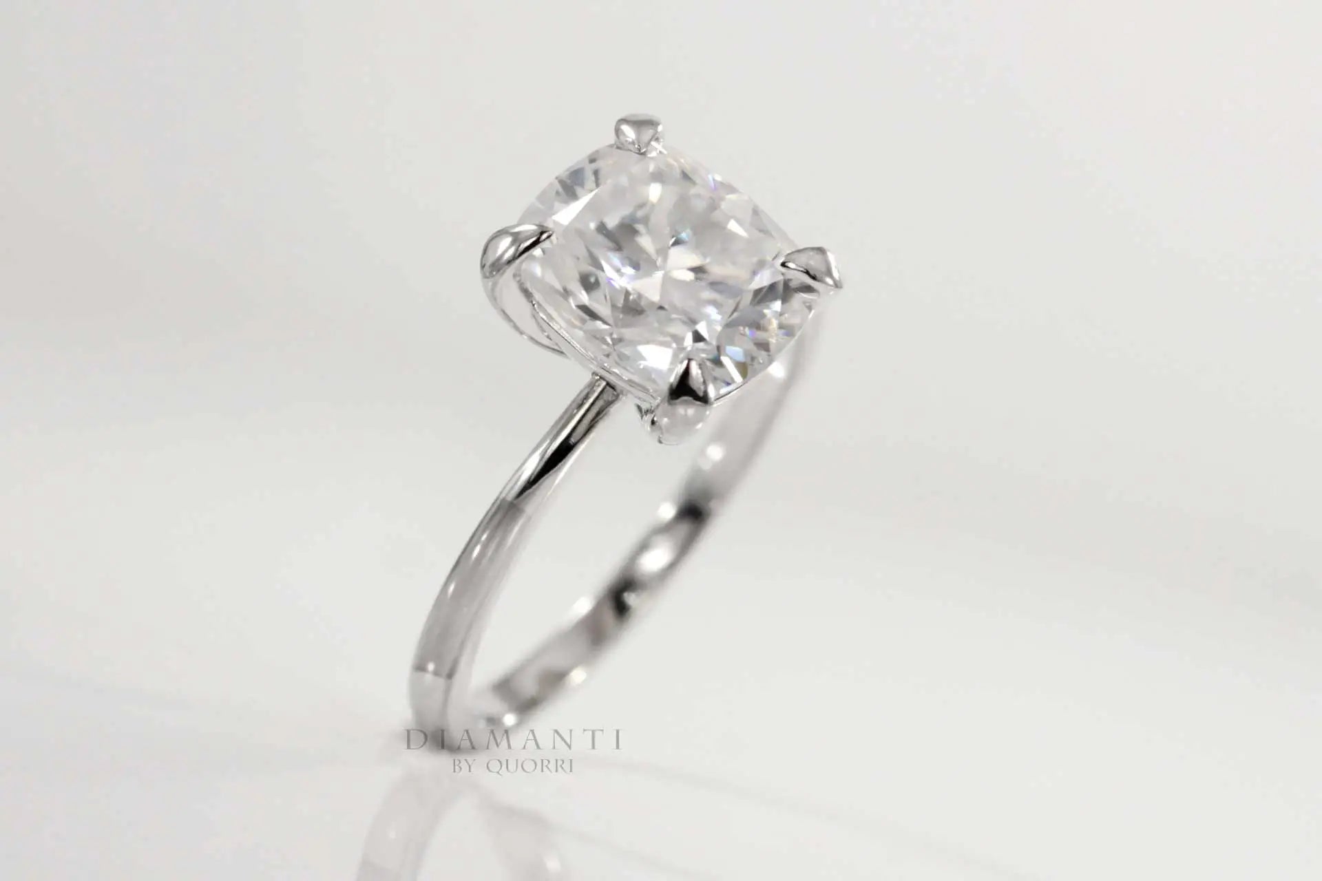 claw prong 18k white gold 2.5 carat elongated cushion lab diamond engagement ring Quorri