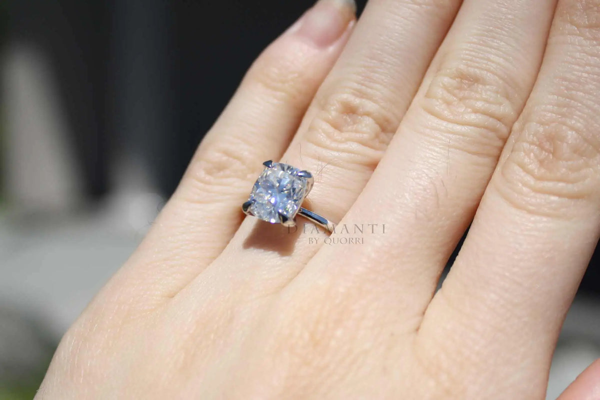 claw prong 18k white gold 2 carat elongated cushion lab diamond engagement ring Quorri
