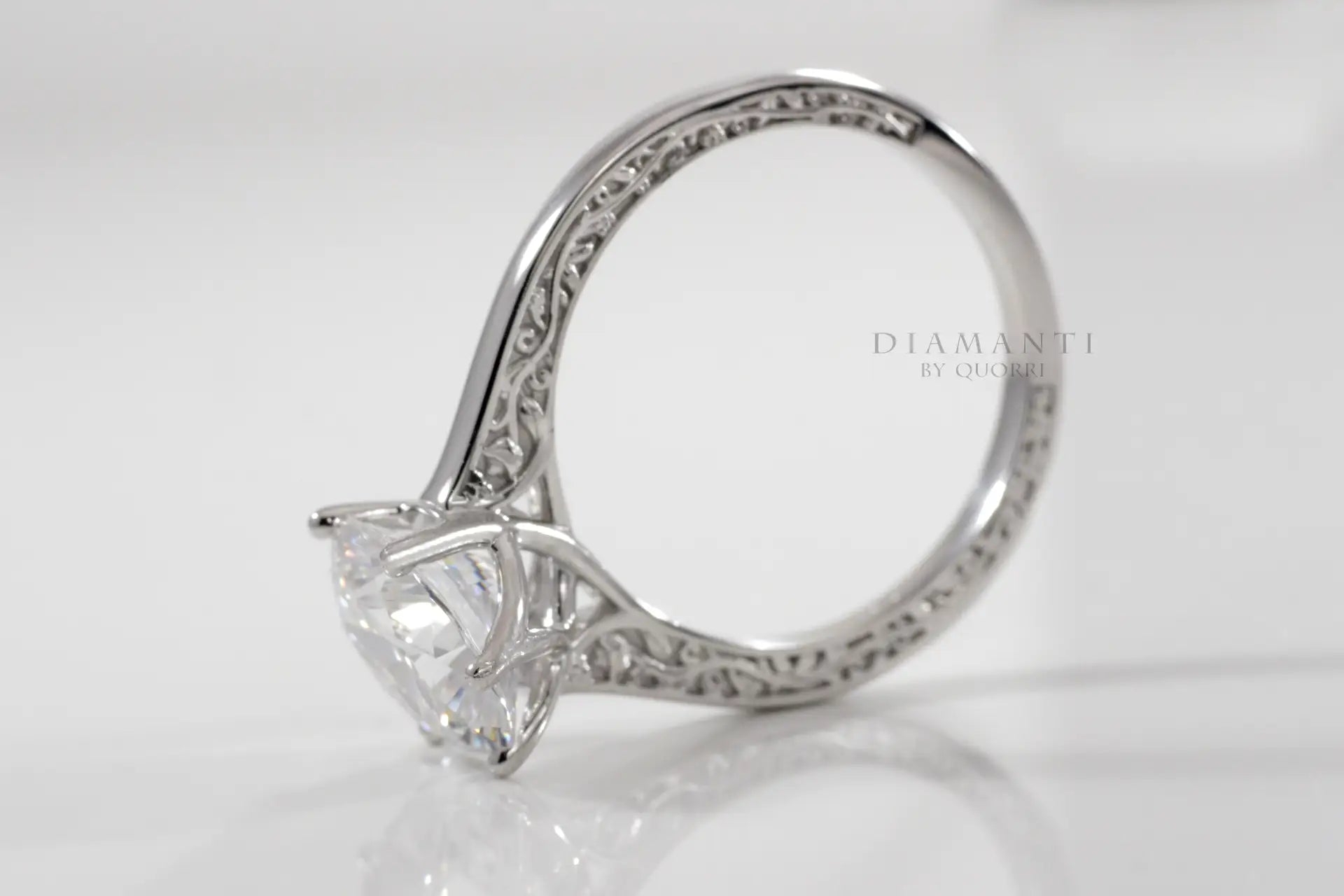 six prong rose motif round lab diamond engagement ring Quorri