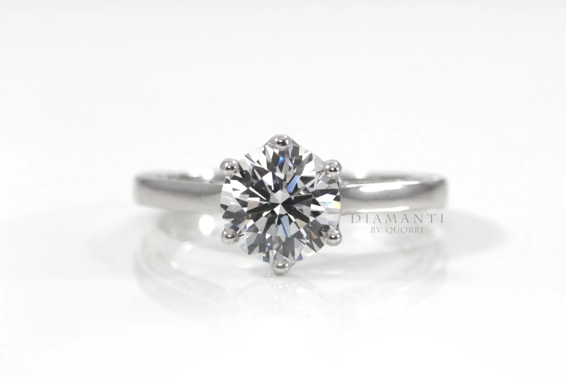 six prong rose motif white gold round lab diamond engagement ring Quorri