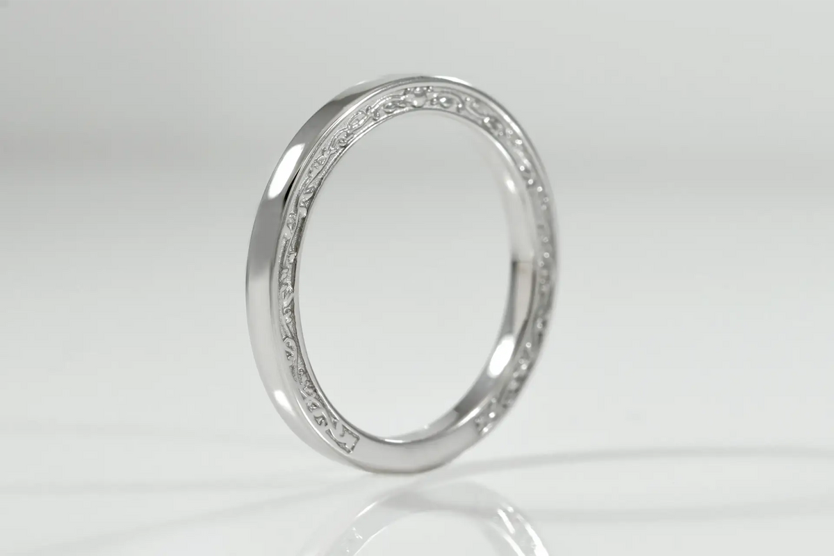 18k white gold rose and vine motif hand engraved designer wedding band Quorri