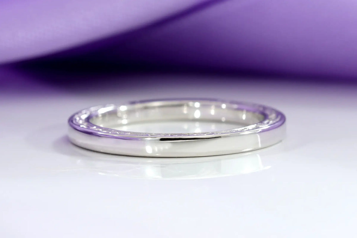 18k white gold rose and vine hand engraved designer wedding band Quorri Canada