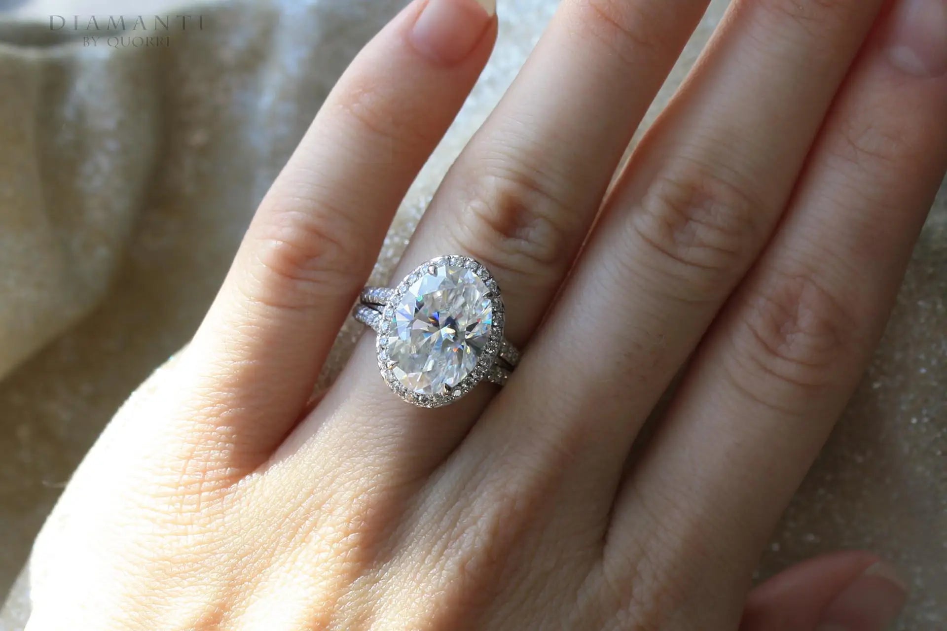 platinum 4 claw prong split band 5ct oval halo lab diamond engagement ring Quorri