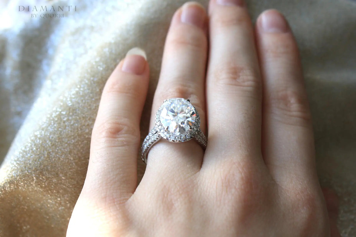 claw prong split band 5 carat oval halo lab created diamond engagement ring 
