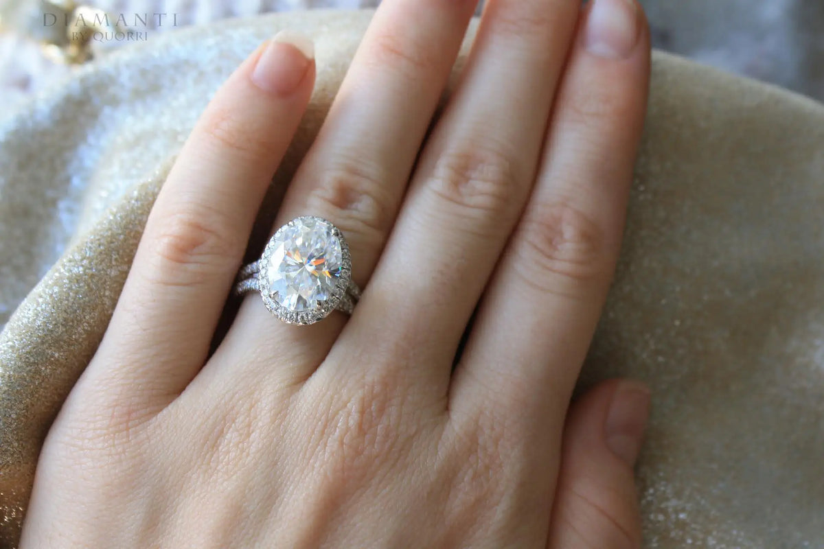 white gold claw prong split band 4.5ct oval halo lab diamond engagement ring Quorri