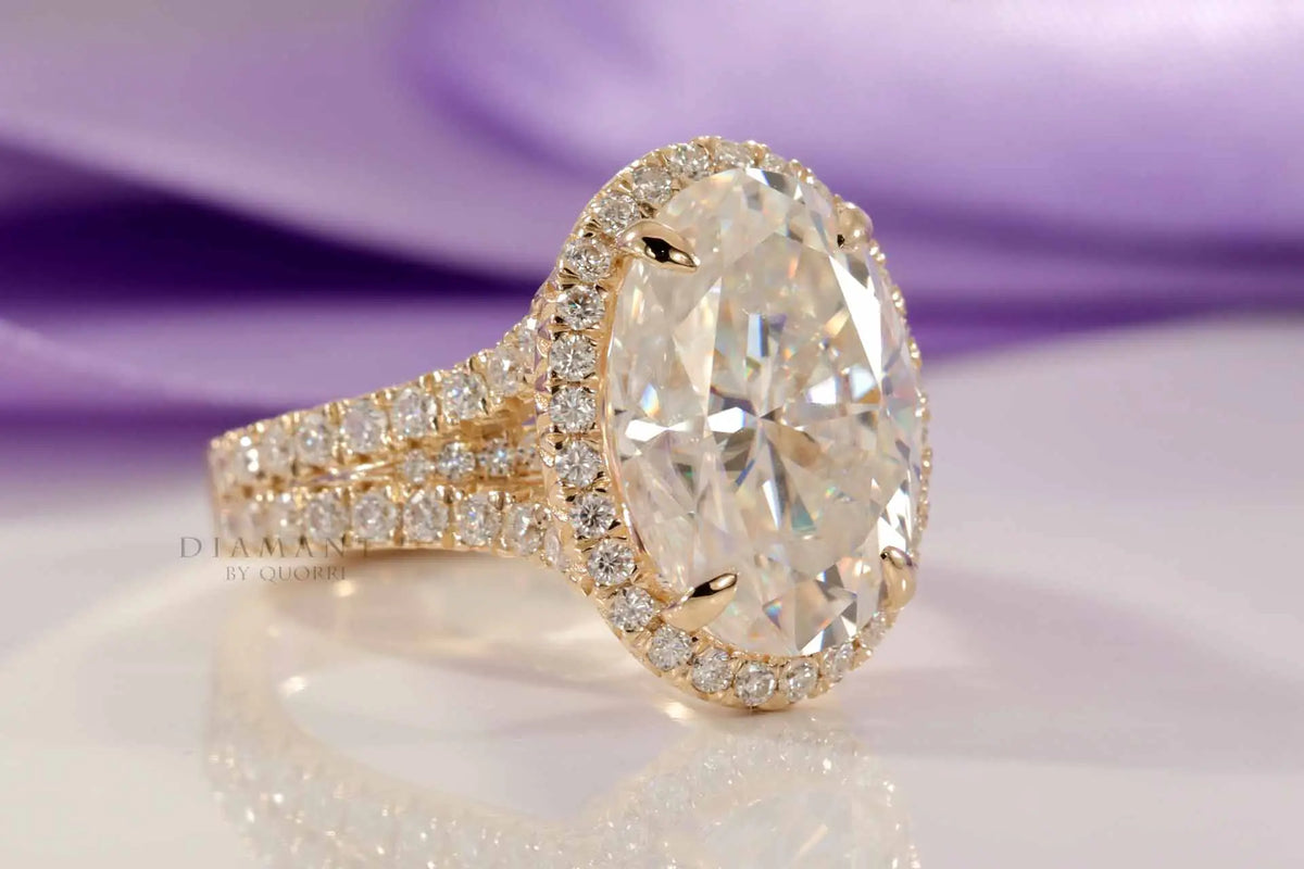 18k yellow gold claw prong split band oval halo lab grown diamond engagement ring 