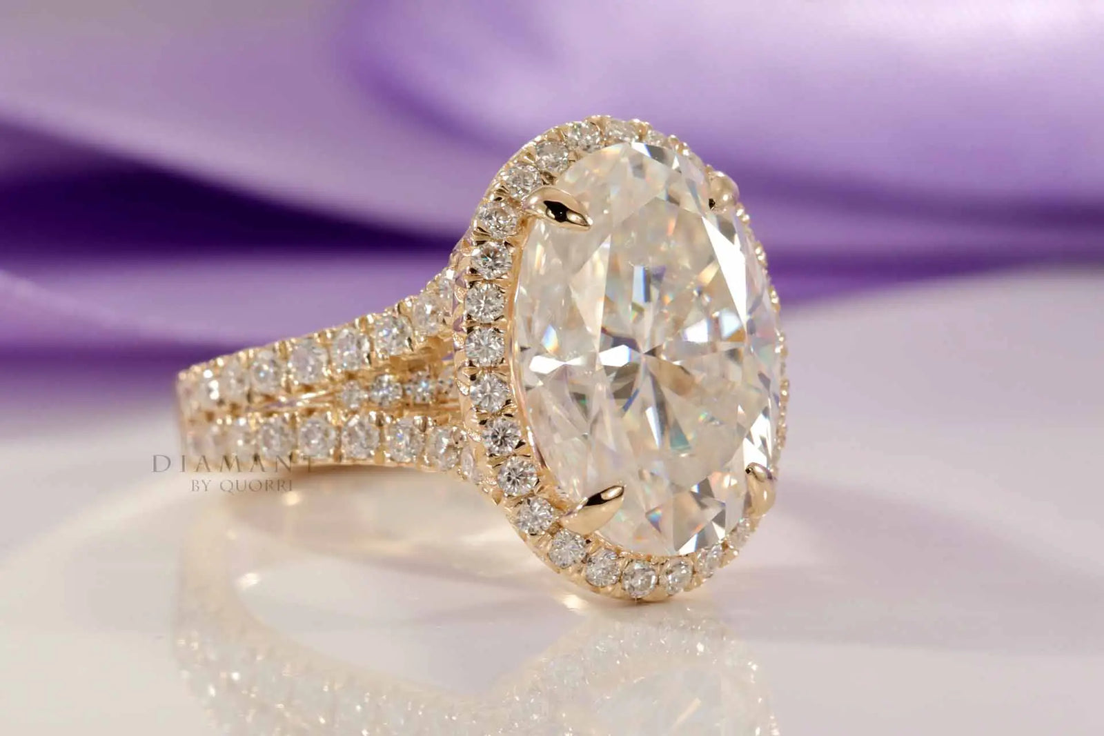 18k yellow gold claw prong split band oval halo lab grown diamond engagement ring 