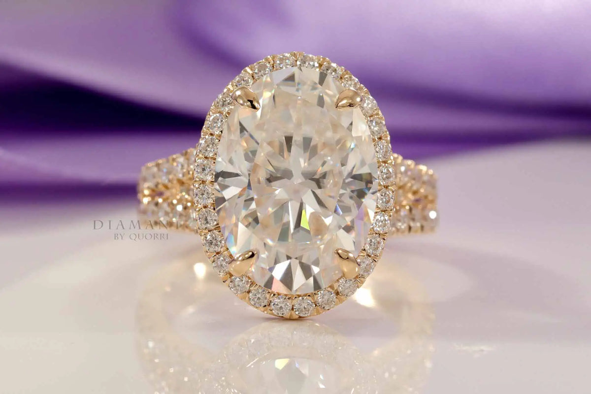yellow gold claw prong split band oval halo lab diamond engagement ring Quorri Canada