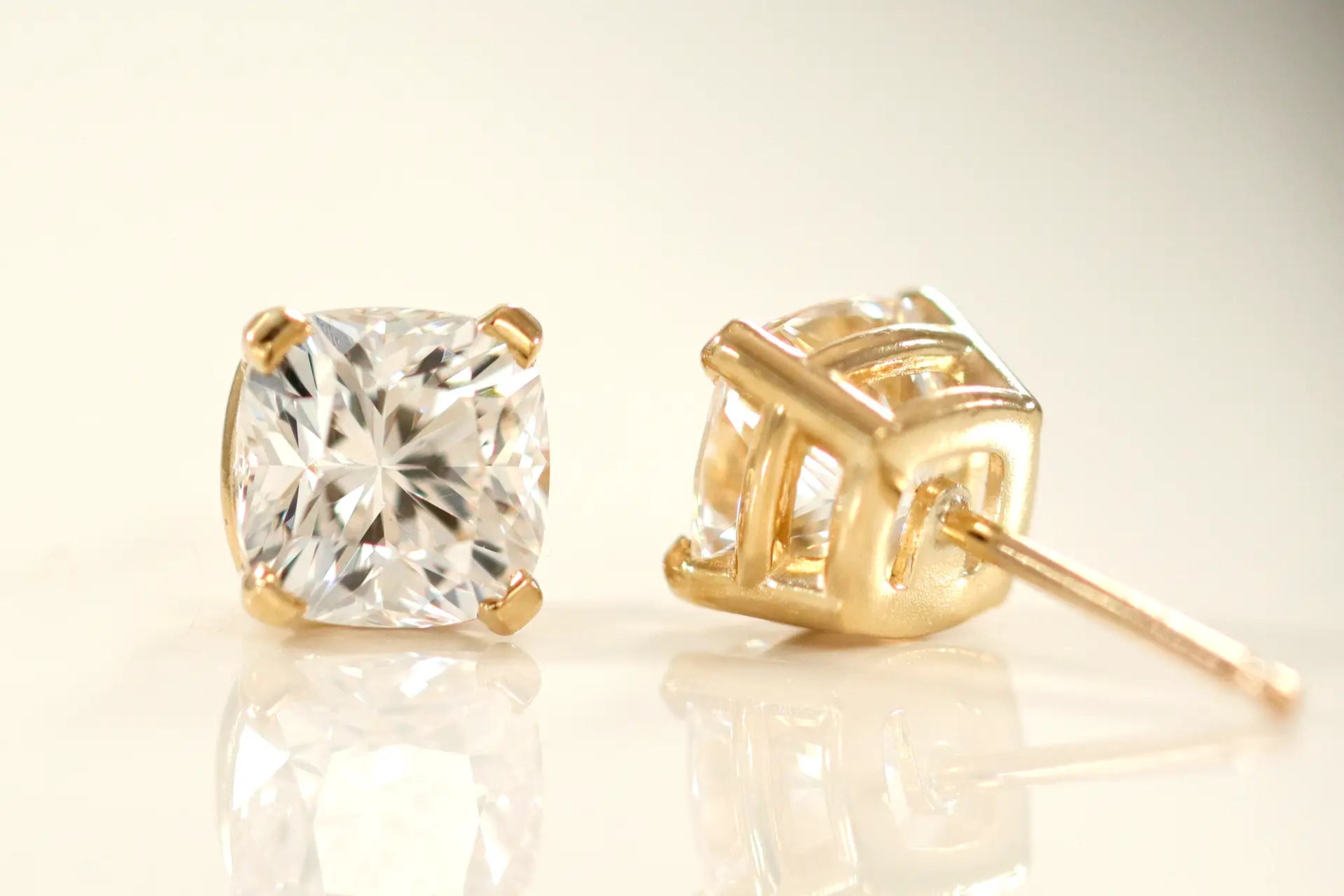 18k yellow gold 2 carat total weight cushion lab diamond stud earrings Quorri