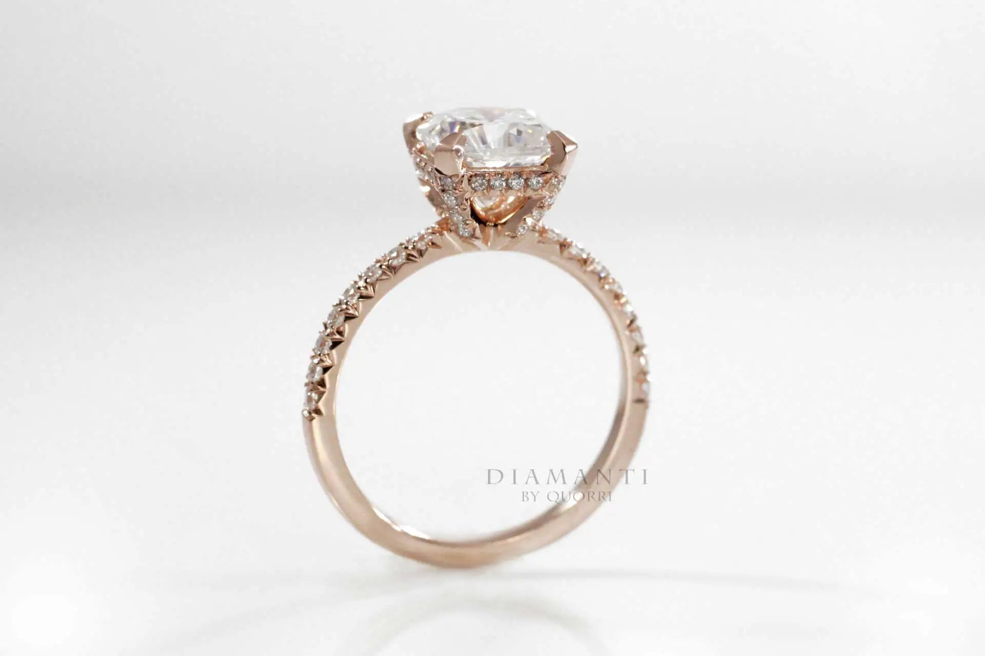 rose gold affordable designer accented 2 carat cushion lab created diamond engagement ring Quorri