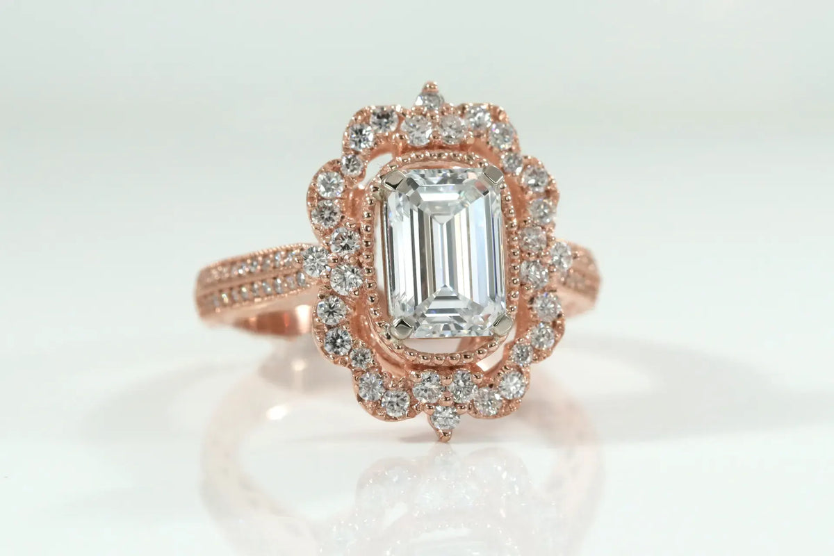 14k rose gold designer vintage 2.5 carat emerald cut lab created diamond halo engagement ring Quorri