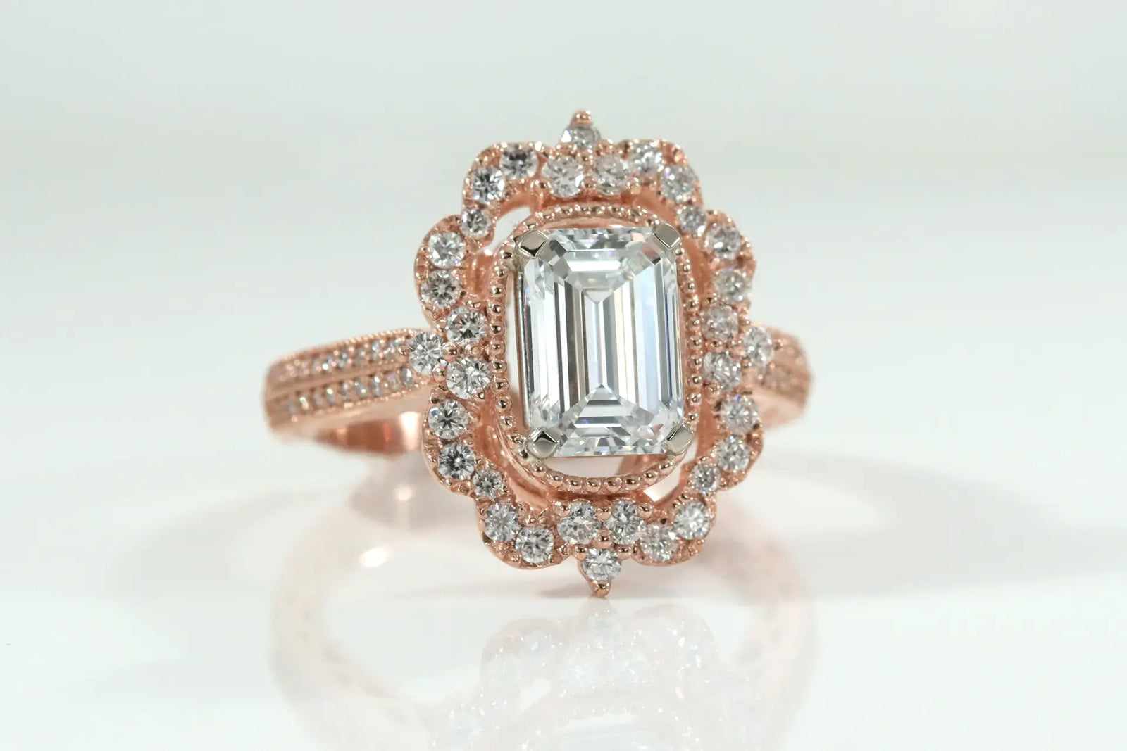 14k rose gold designer vintage 2.5 carat emerald cut lab created diamond halo engagement ring Quorri
