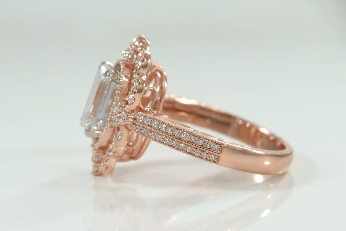 vintage rose gold designer  halo 2 carat emerald cut lab grown diamond engagement rings at Quorri