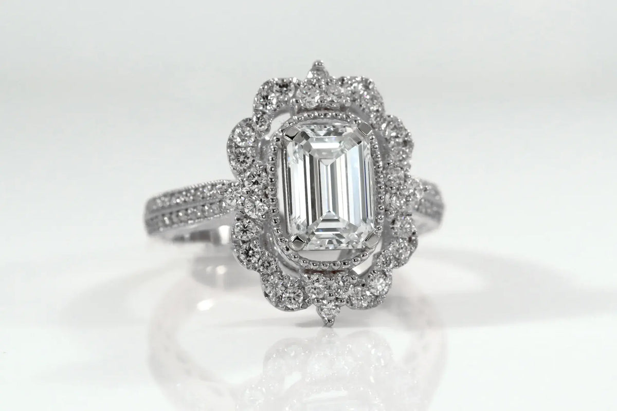 18k white gold designer vintage 2 carat emerald cut halo lab grown diamond engagement ring Quorri