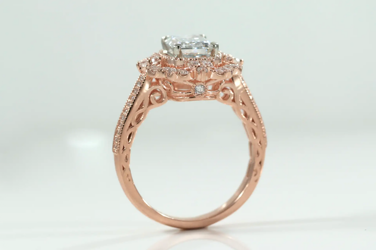 rose gold designer vintage halo 2.5 carat emerald cut lab grown diamond engagement ring Quorri