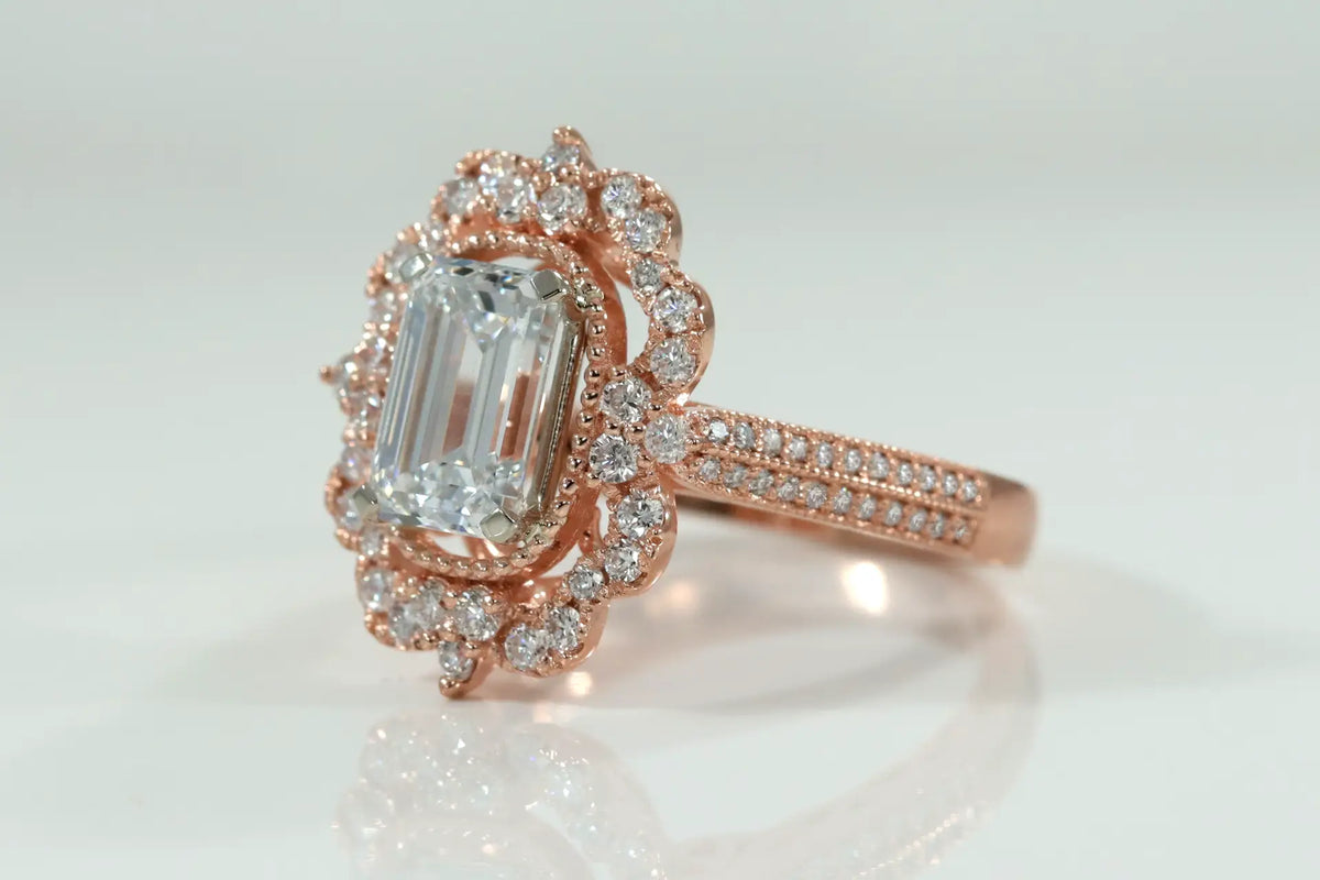 designer vintage 14k rose gold 2 carat emerald cut lab diamond halo engagement ring Quorri