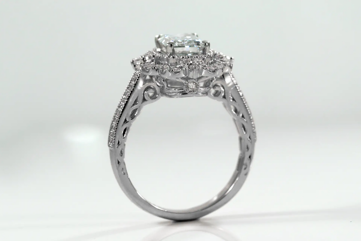14k white gold vintage 1.5 carat emerald cut halo lab diamond engagement ring Quorri Canada