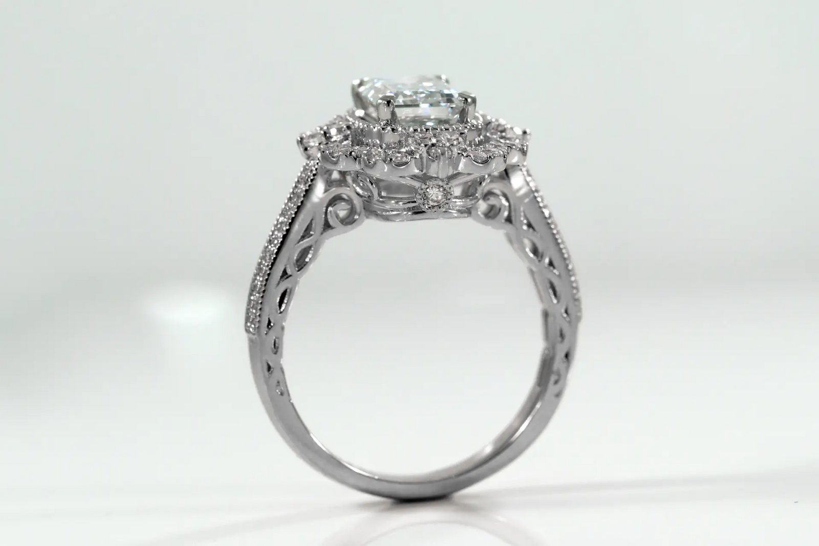 18k white gold designer vintage 2 carat emerald cut halo lab grown diamond engagement ring Quorri