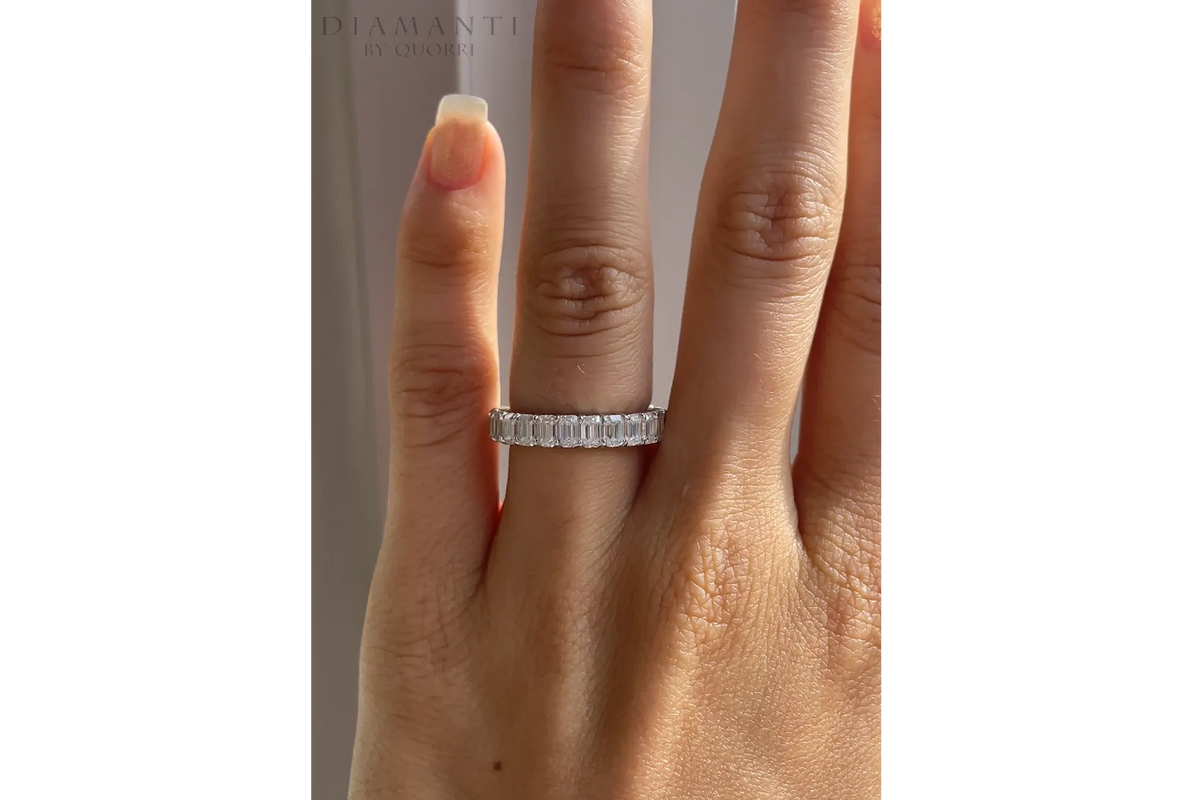 2.5 carat 18k white gold emerald cut lab diamond eternity anniversary band Quorri Canada