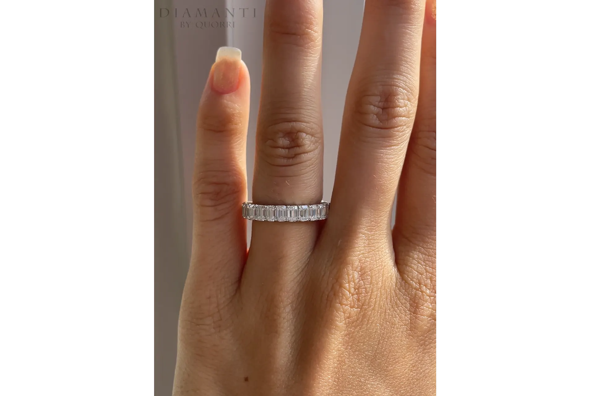 2.5 carat 18k white gold emerald cut lab diamond eternity anniversary band Quorri Canada