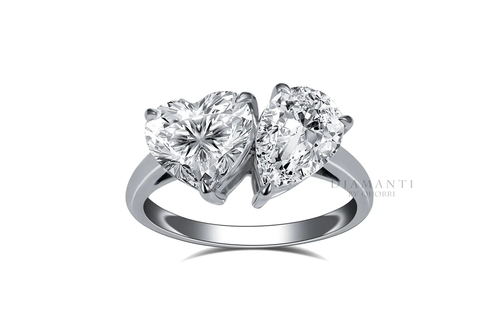 toi et moi 18k white gold one carat heart and one carat pear lab grown diamond or gemstone rings at Quorri Canada