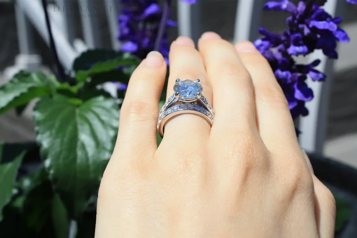 affordable 2 carat round white gold accented lab diamond engagement ring and band set Quorri Canada