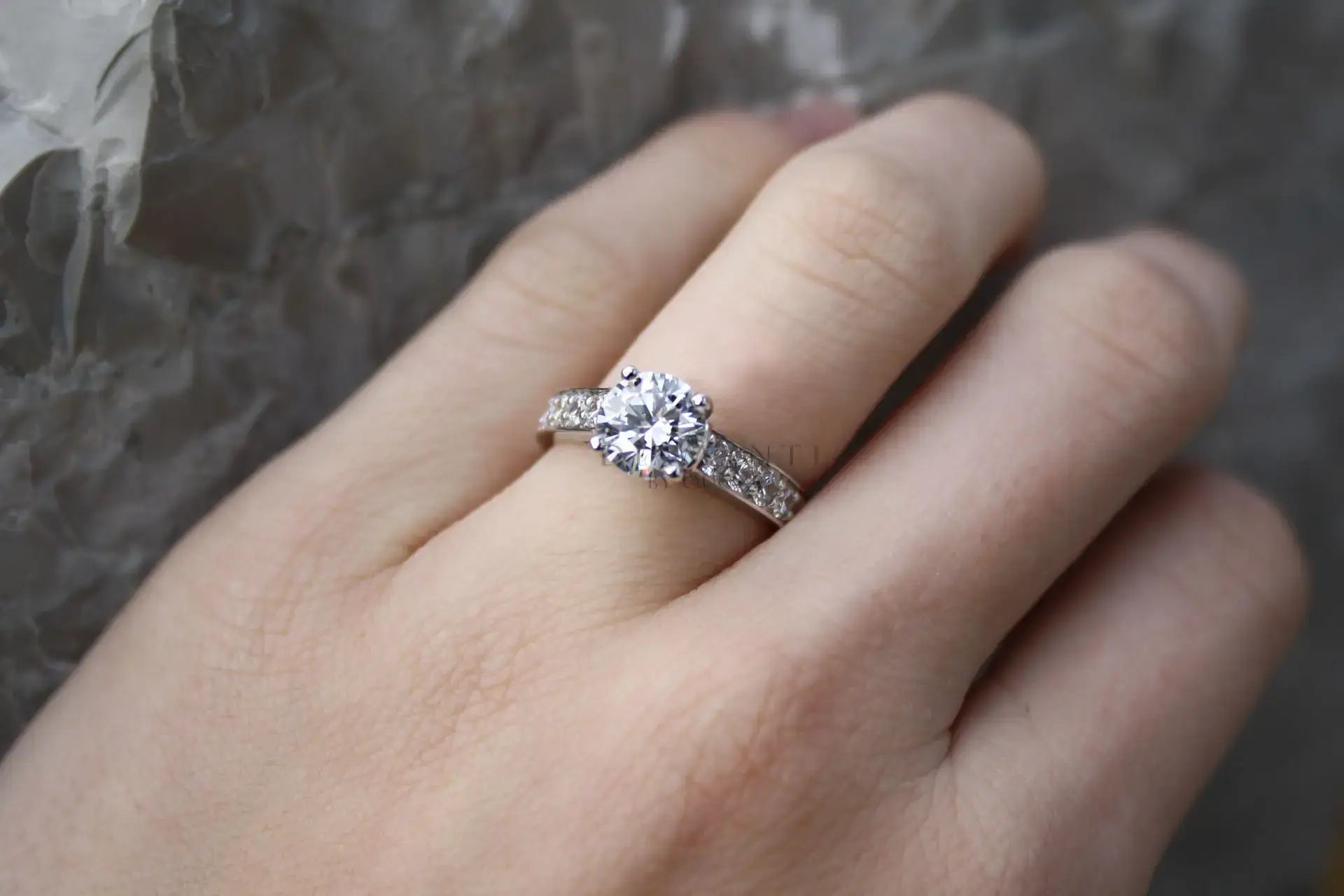 affordable 1.5 carat round platinum accented lab diamond engagement ring Quorri Canada