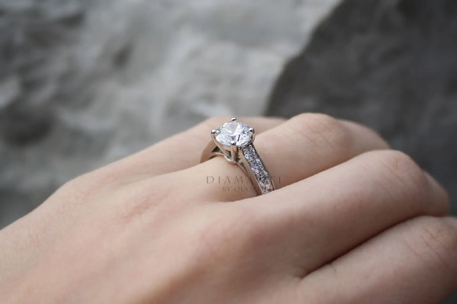 affordable 1 carat round 14k white gold accented lab made diamond engagement ring Quorri Canada