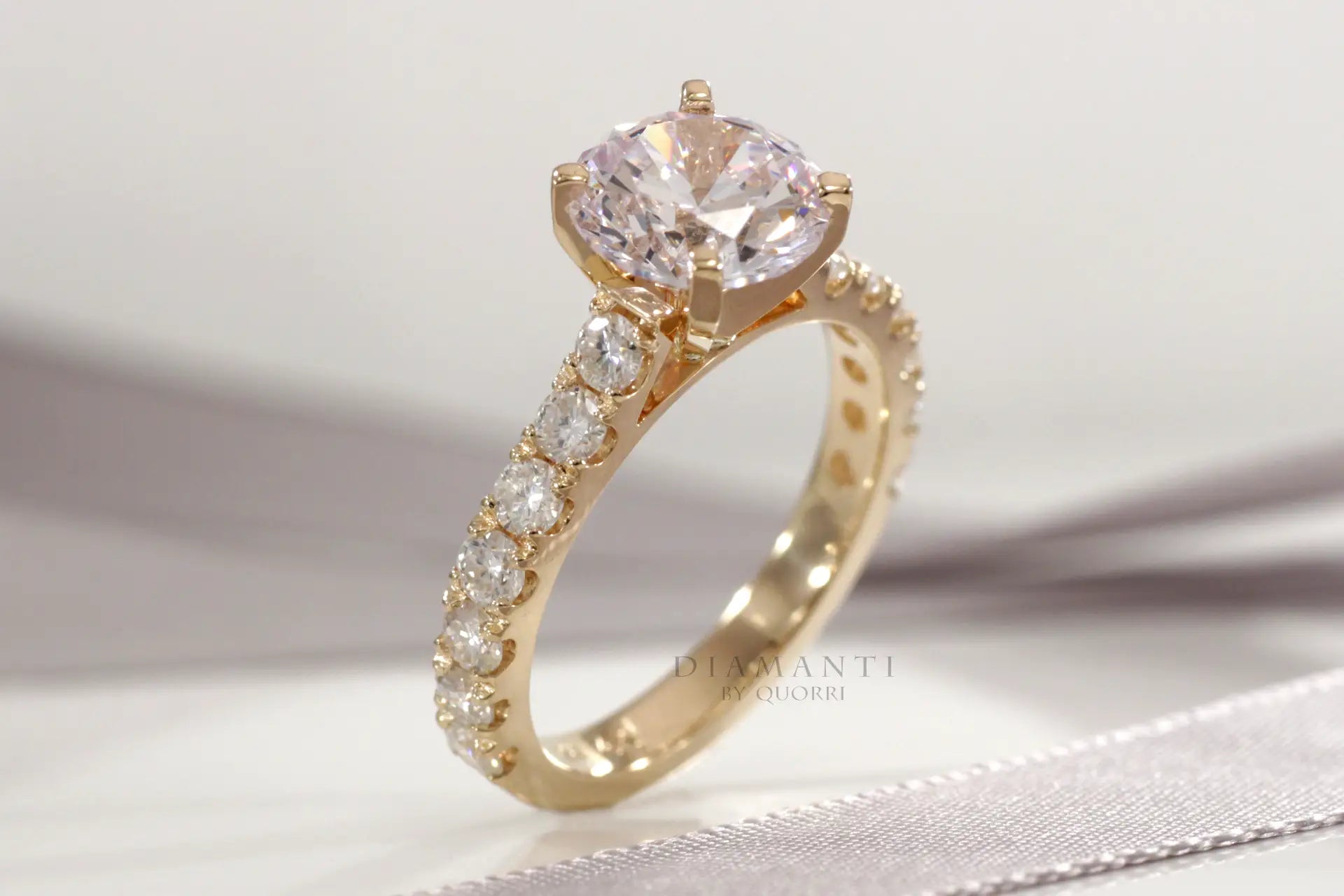 yellow gold large accented 3ct round lab created diamond engagement ring Quorri