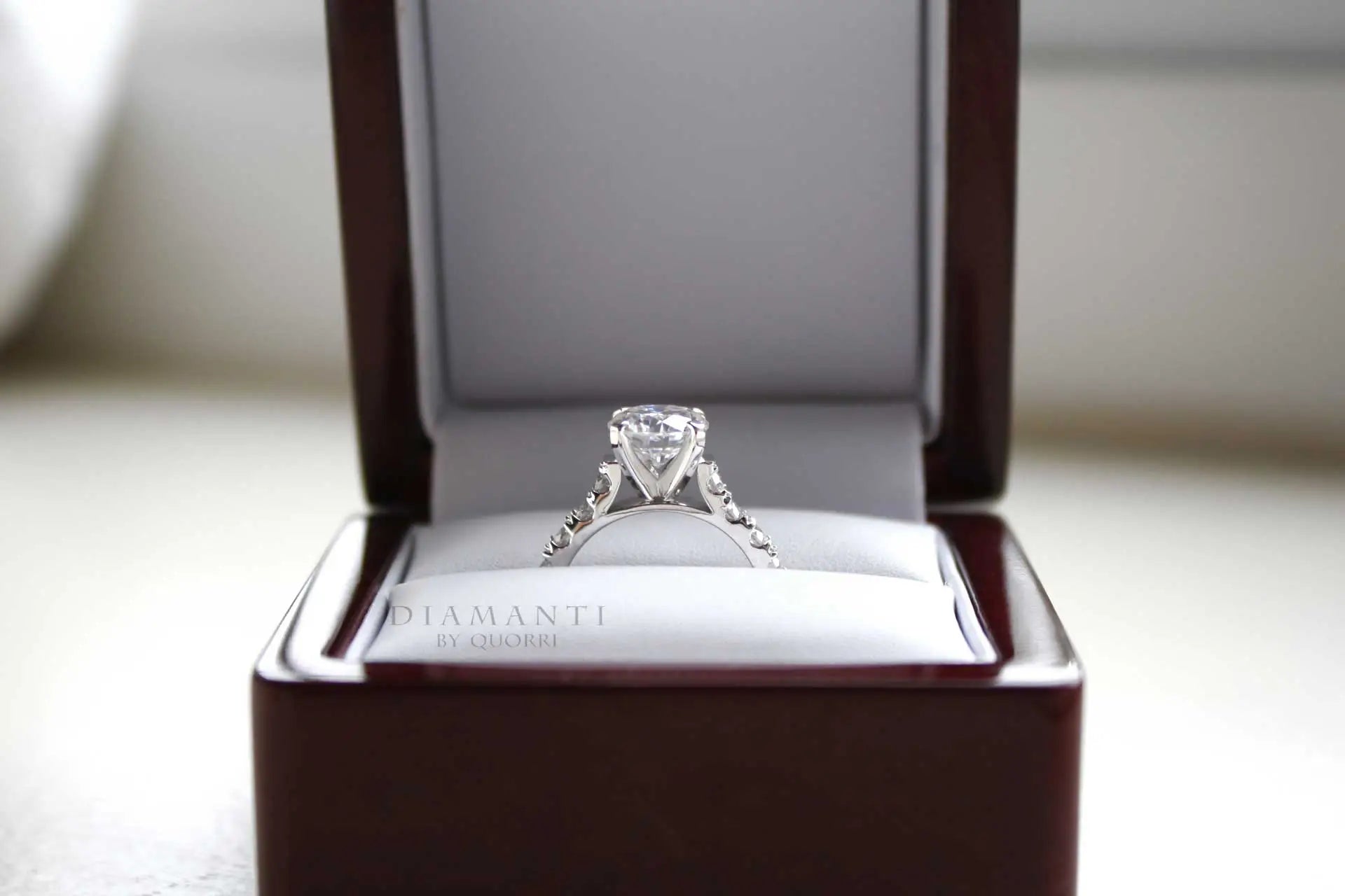 18k white gold large accented 2ct round lab diamond engagement ring Quorri