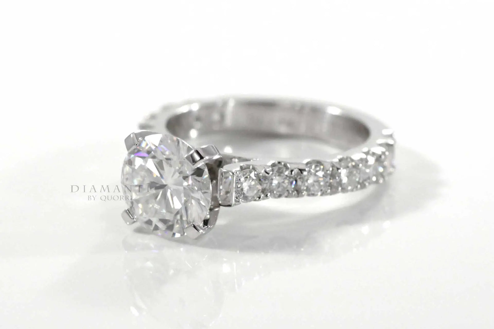 platinum large accented 3ct round lab grown diamond engagement ring Quorri