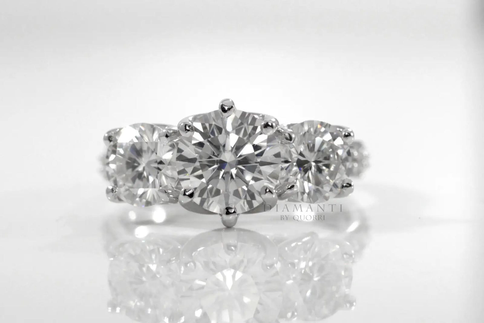 affordable three stone 1.50ct white gold lab diamond engagement ring Quorri